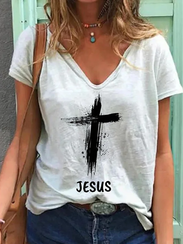 Jesus Cross Printed V-Neck Casual Tee