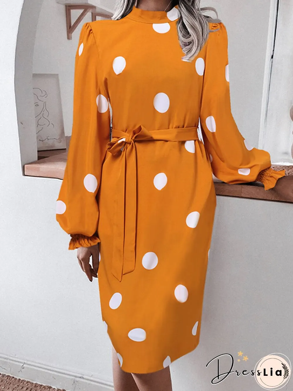 Dot Print Puff Long Sleeve Shirred Stand Collar Dress With Belt