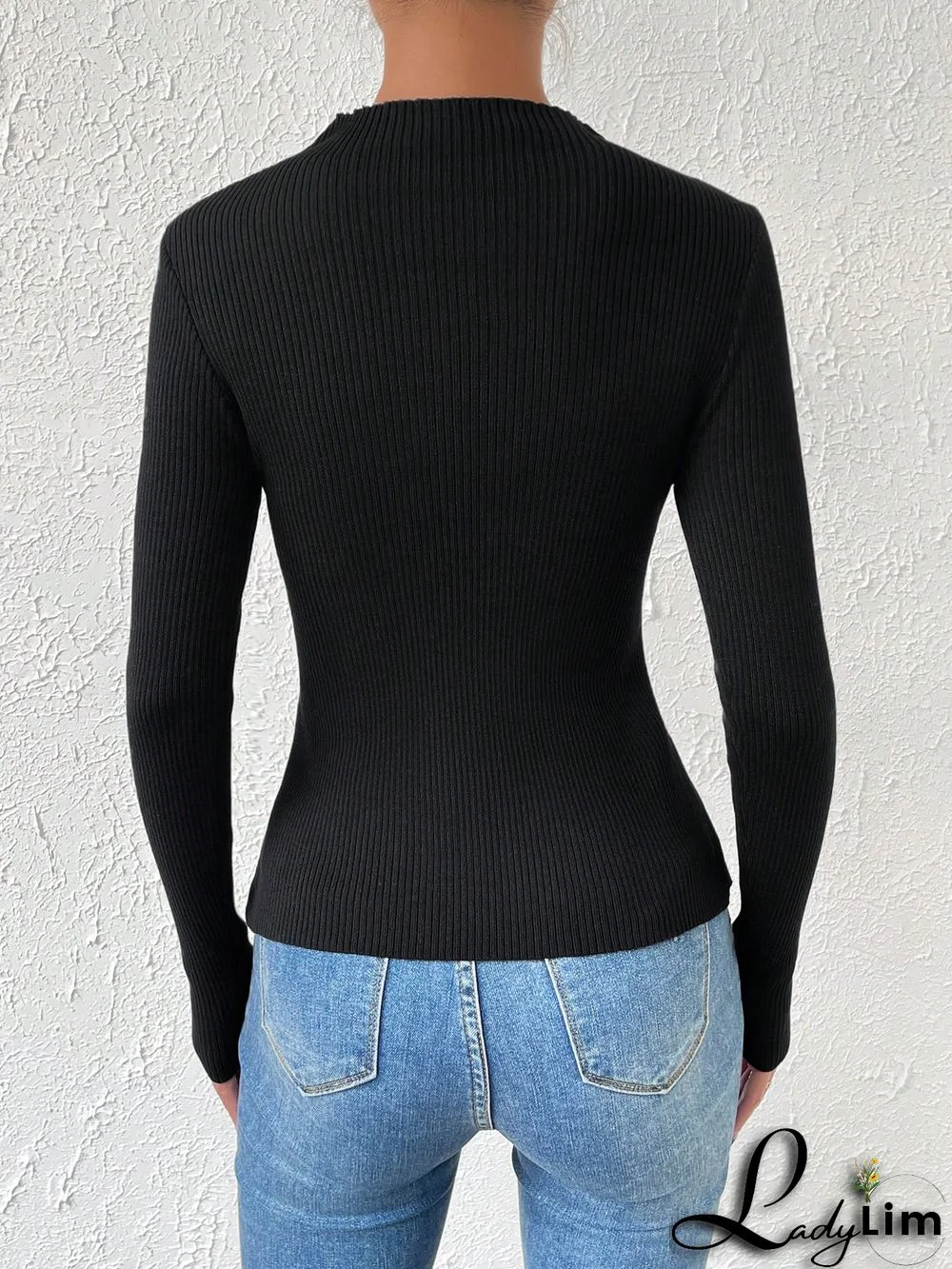 Mock Neck Wrap Cross Ribbed Knit Sweater