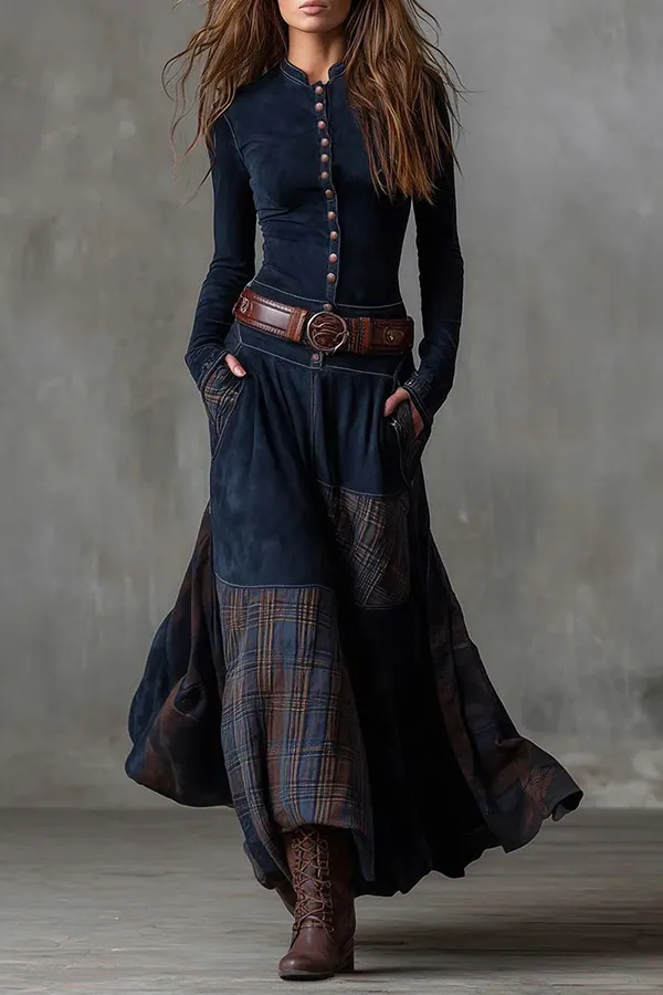Retro-style Patchwork Single-breasted Long-sleeved Casual Pocket Maxi Dress