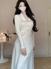 Cardcake gold prom dresses 2025 New Autumn Chic Knitted Dresses for Women Solid Slim Elegant High Waist A Line Korean Sweater Dress Winter Female Knitwear