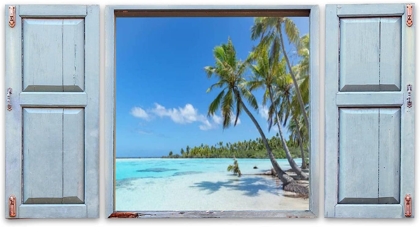 Old Window Frame Style Wall Art 3D Teahatea Fakarava French Polynesia Atoll Beach Canvas Printed Window Frame Wall Art for Office, Living Room, Bedroom Home Decor