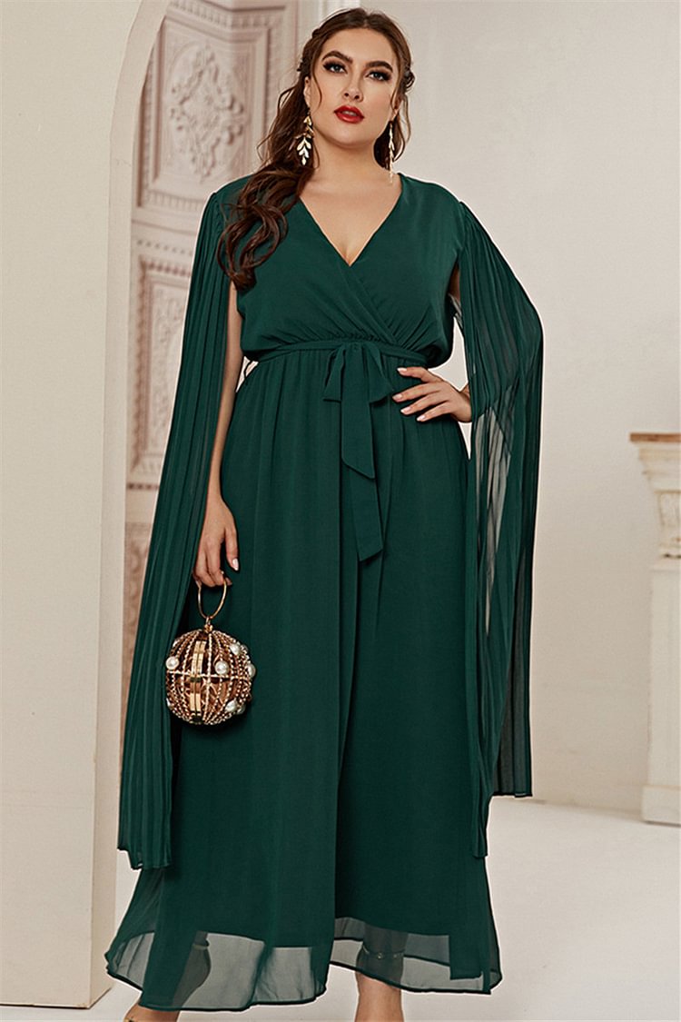 Plus Size Casual Dark Green Chiffon V Neck Cape Sleeve Tunic Maxi Dress  flycurvy [product_label]