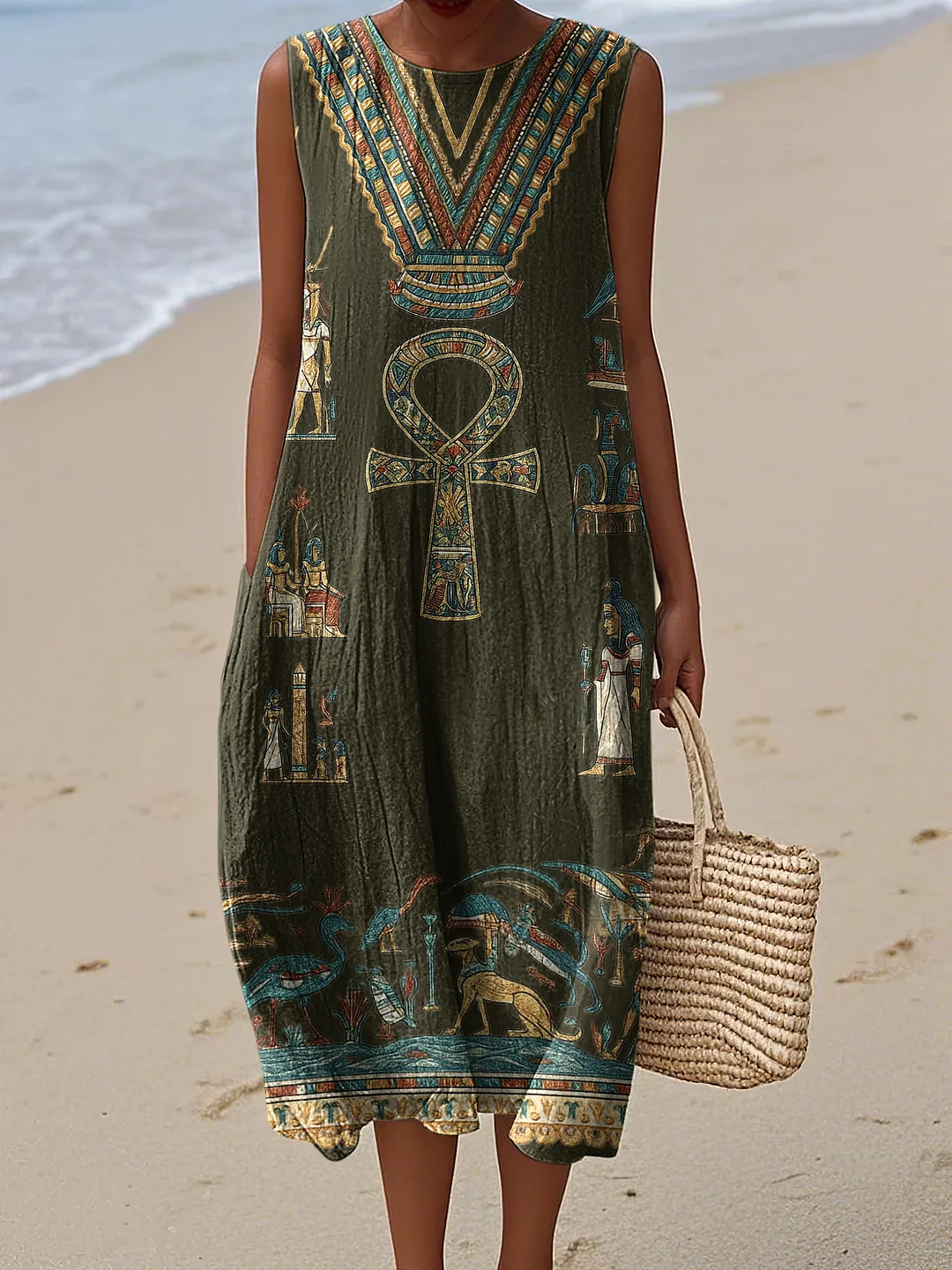 Ancient Egyptian Inspired Women's Vintage Linen Casual Sleeveless Dress