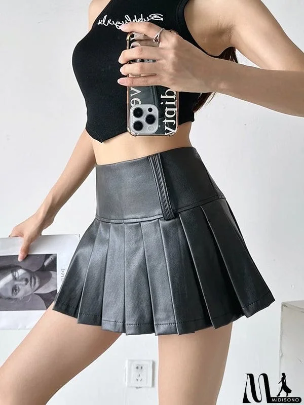 MidiSono - A-Line High Waisted Pleated Solid Color Skirts Bottoms