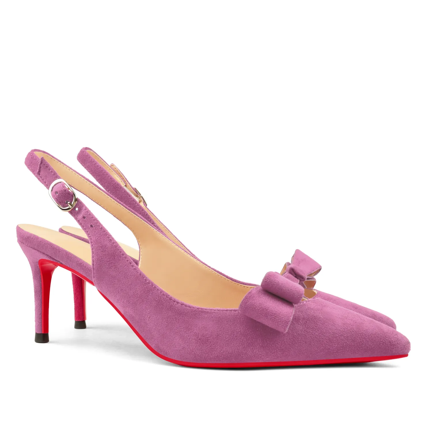 65mm Women's Pointed Toe With Bows Kitten Stillettos Slingback Red Bottoms Prom Suede Sandals-vocosishoes