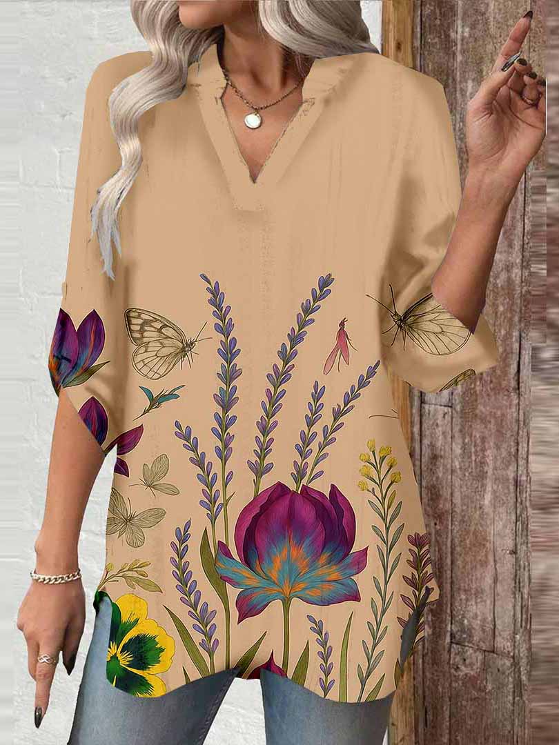 Women Floral,Khaki DZGA0011 3/4 Sleeve V-neck Printed Graphic Button Tops