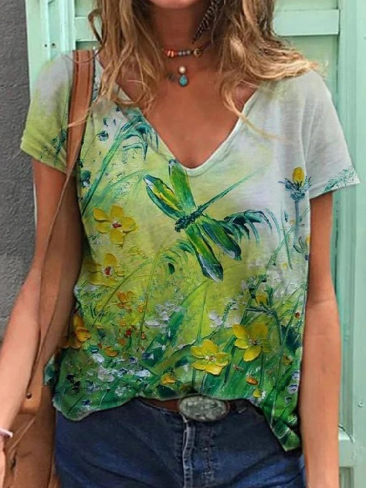 Floral Art Painting V Neck T Shirt wearshes