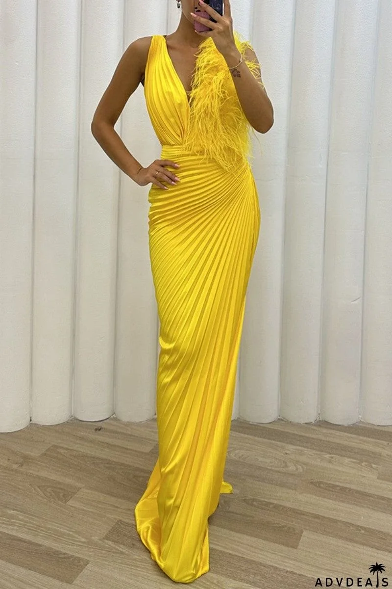 Sexy Solid Patchwork Pleated V Neck Long Dress Dresses