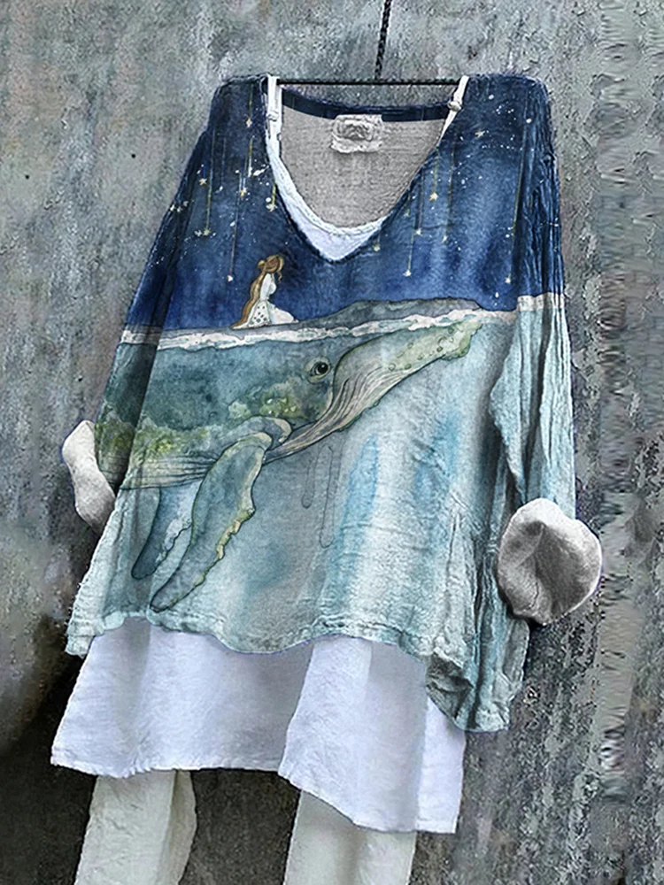 Vintage Fantasy Watercolor Painting Of Girl On Whale's Back Dreamy Art Pattern Linen Blend Tunic
