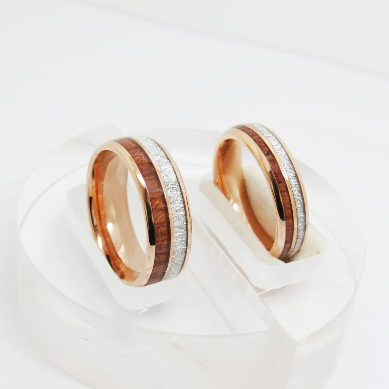 6MM 8MM Full Arc Electric Rose Gold Tungsten Wedding Rings Inlaid Mahogany And Silver Thread
