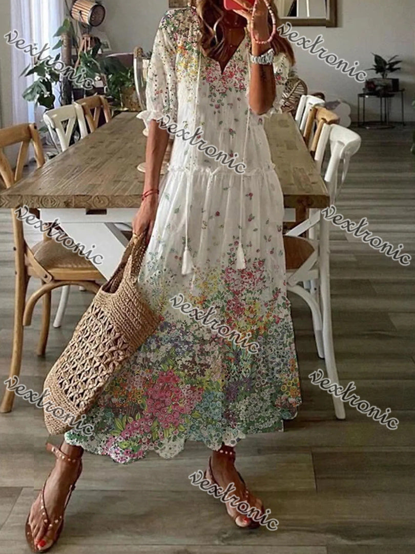 Women's V-neck Half Sleeve Graphic Floral Printed Maxi Dress