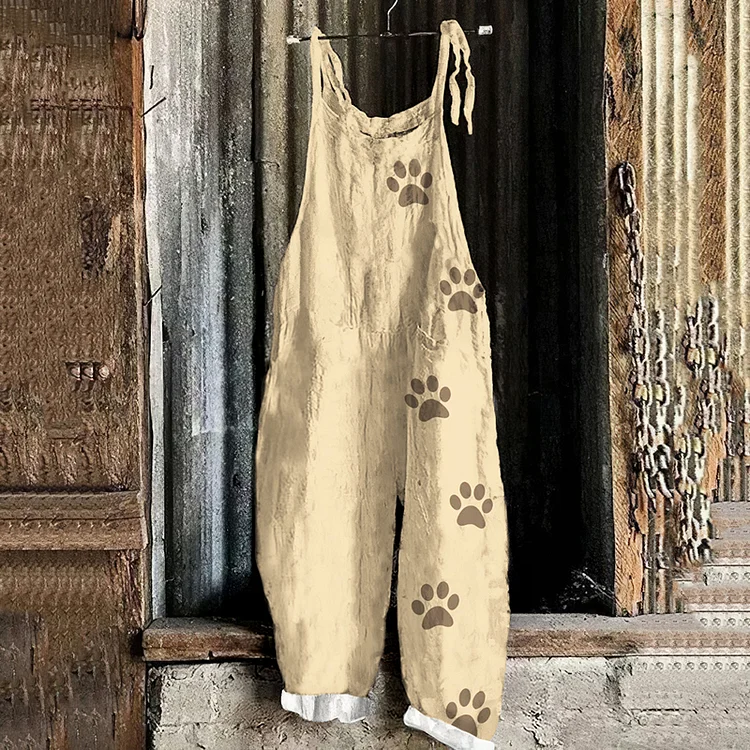 Vintage Cute Puppy Paw Printed Funny Casual Loose Jumpsuit socialshop