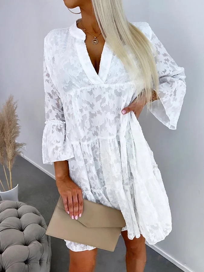 Women's Elegant Jacquard Patchwork V-Neck Short Smocked Dresses