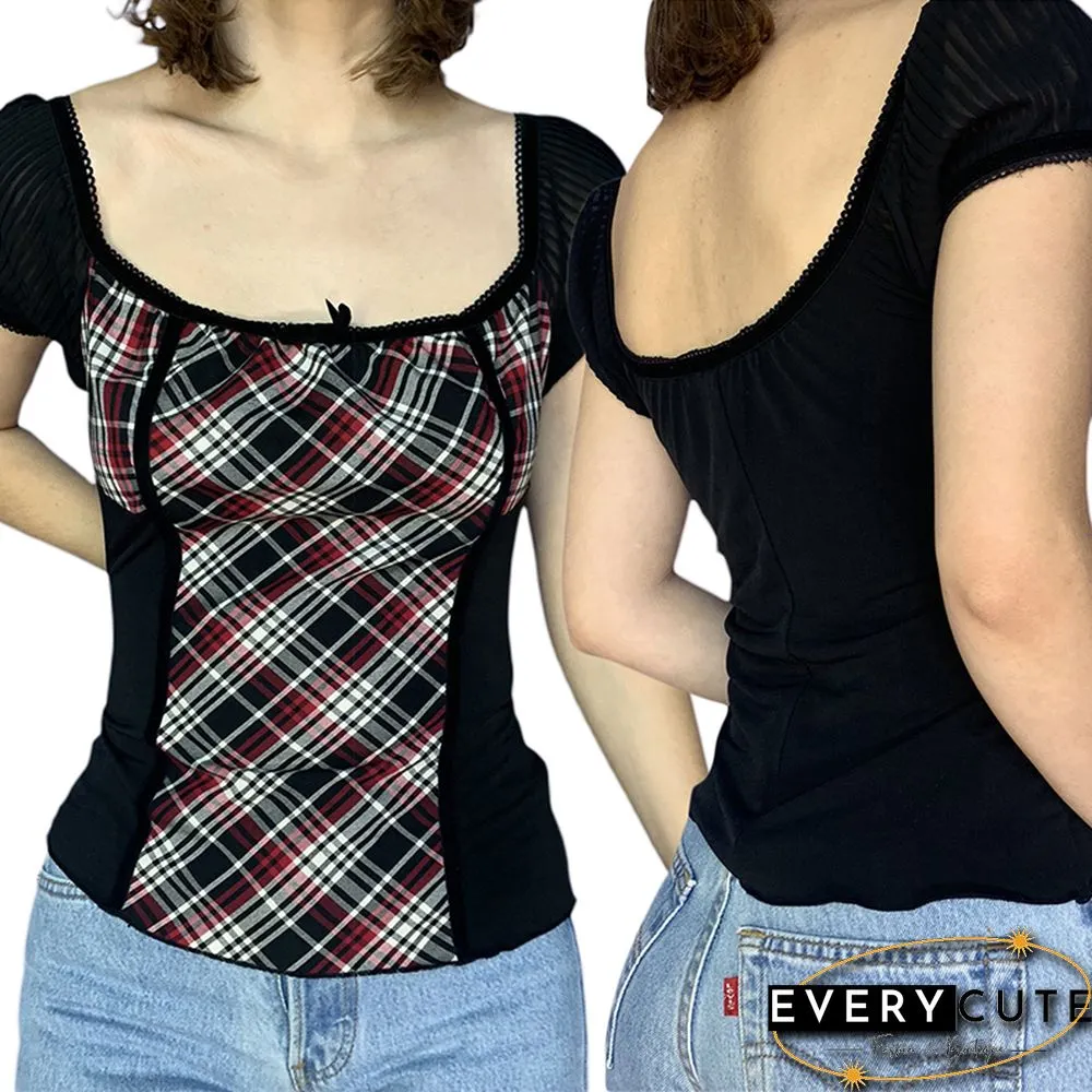 Vintage Y2k Plaid Print Patchwork Tops Women Square Collar Retro Grunge Crop Tees Ruffle