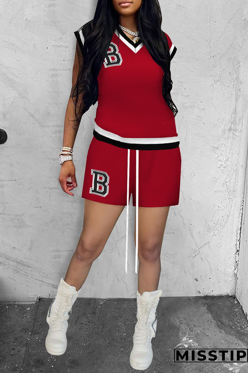 Black Casual Letter Print Patchwork V Neck Short Sleeve Two Pieces