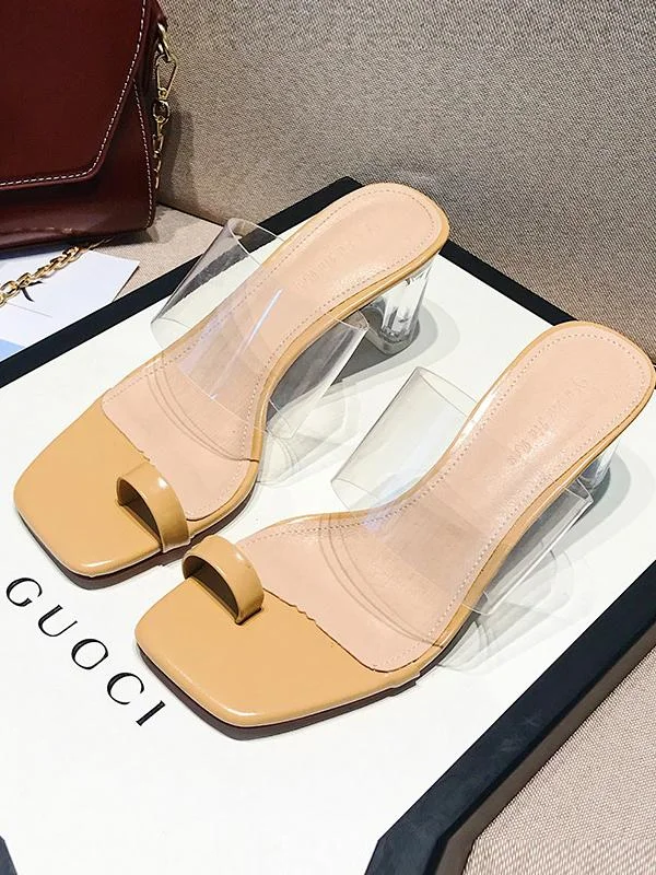 One word with thick heel crystal transparent high-heeled slippers