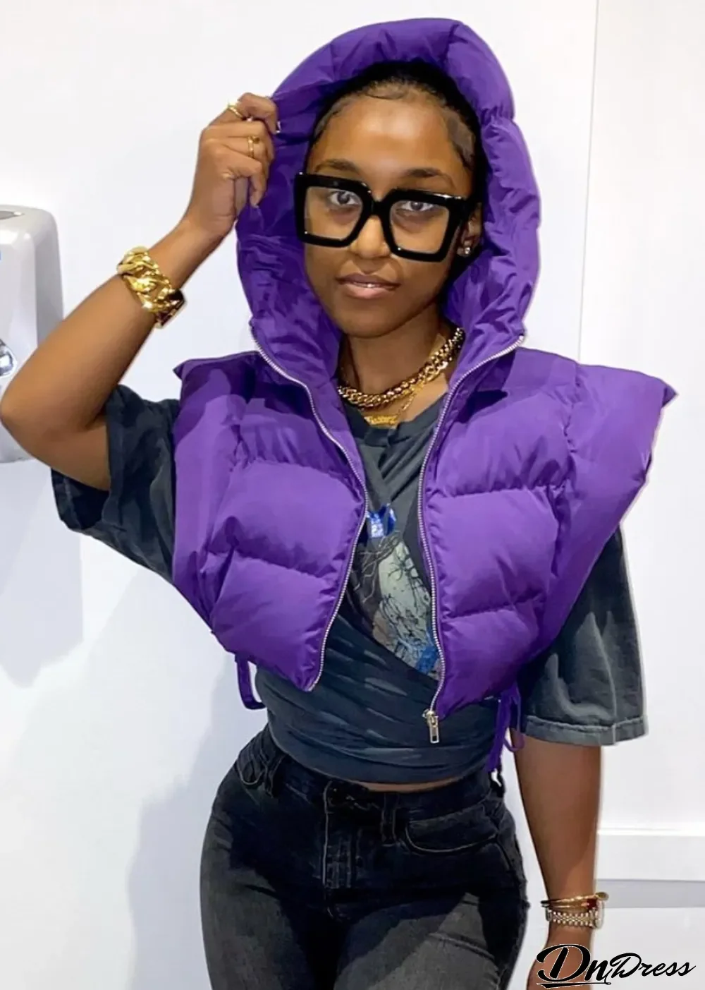 Winter Women Purple Open Side Stand Collar Sleeveless Puffer Jacket
