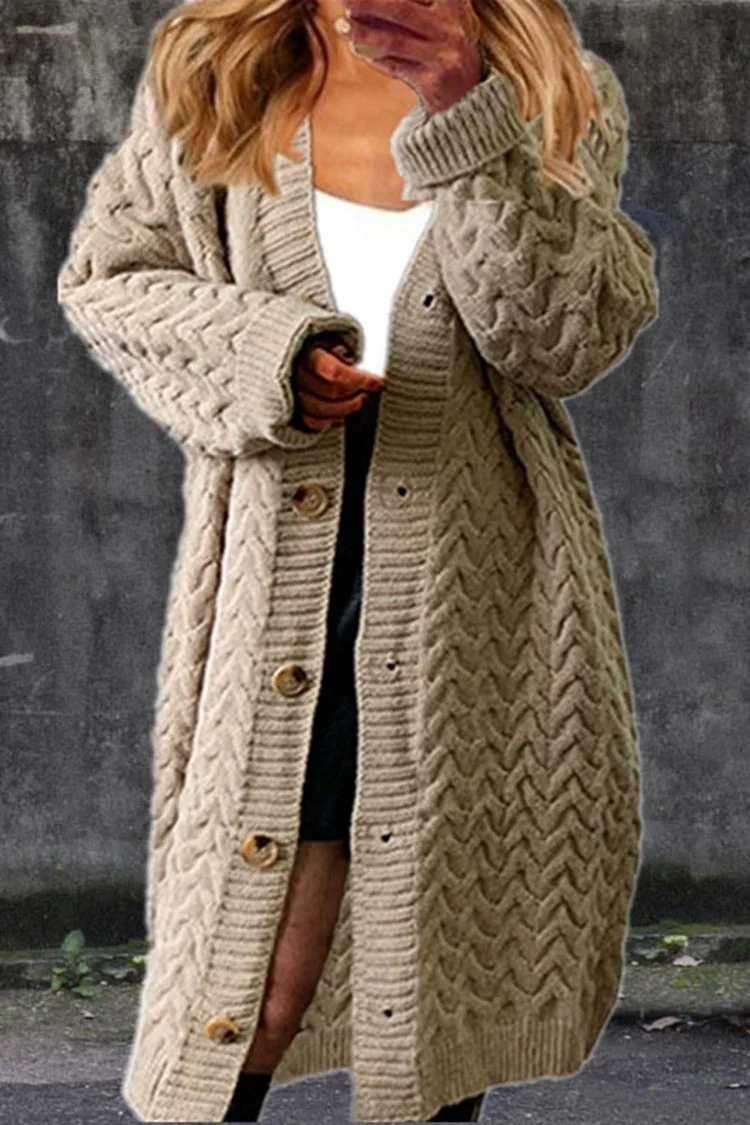 Solid Color Loose Mid Length Twist Button Sweater Cardigan