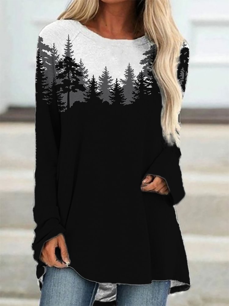 Landscape Forest Crew Neck Long Sleeve T Shirt