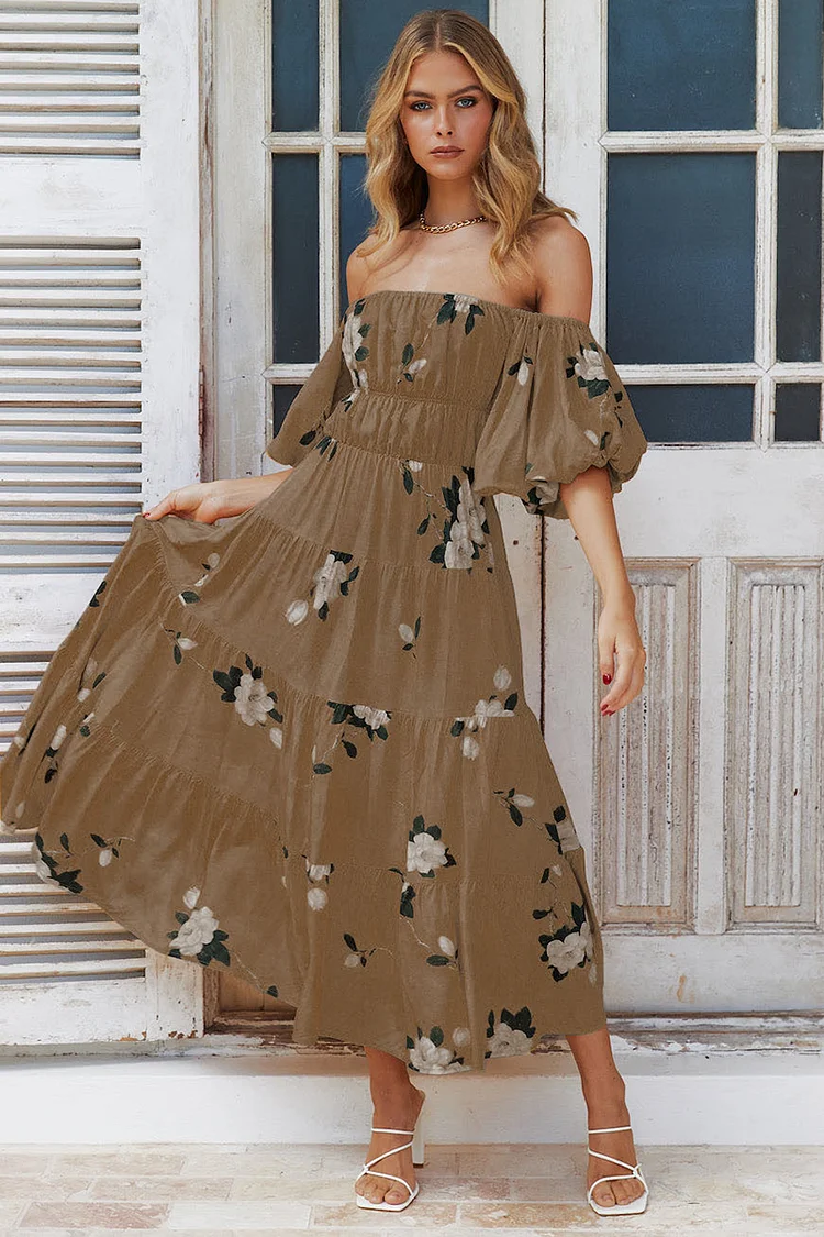 Off Shoulder Short Puffy Sleeve Tiered Pleated Backless Floral Print Vacation Midi Dress