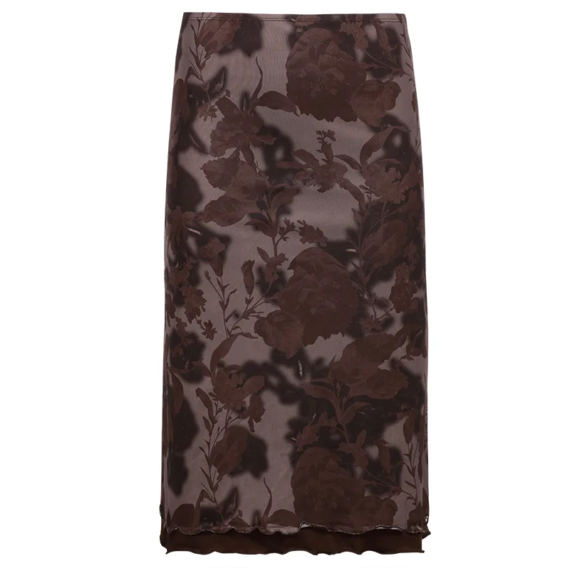 Ueong New Women's Dress Wish Summer Fashion Auricularia Auricula Side Mesh Brown Printed Skirt