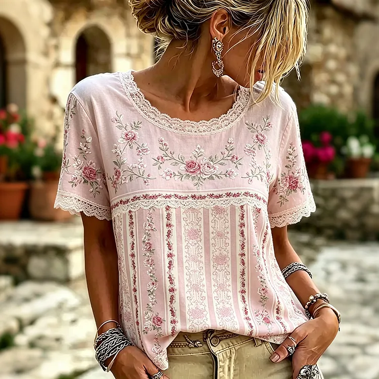 Women's Vintage Rose Embroidery Art Crew Neck Short Sleeve T-shirt