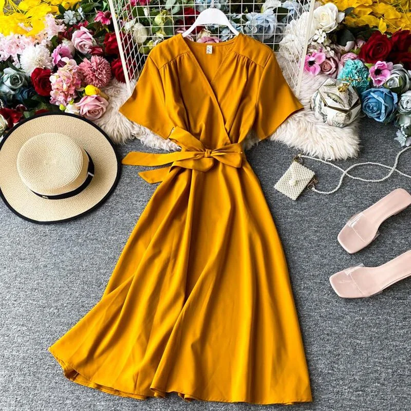 2020 Solid color Summer Women Dress Short sleeve Sexy V-neck Ruffles Chiffon Dress Vintage Elegant Lady A Line Bandage Dresses