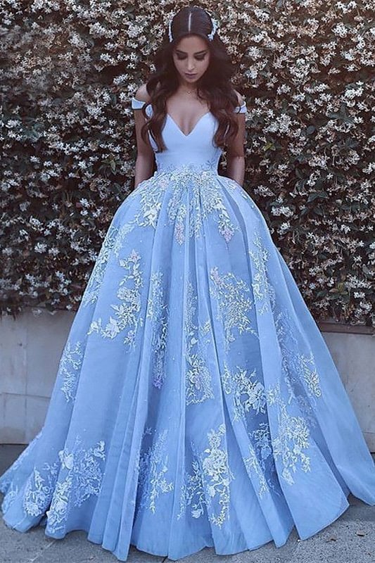 Luluslly Off-the-Shoulder Baby Blue Evening Dress With Lace Appliques