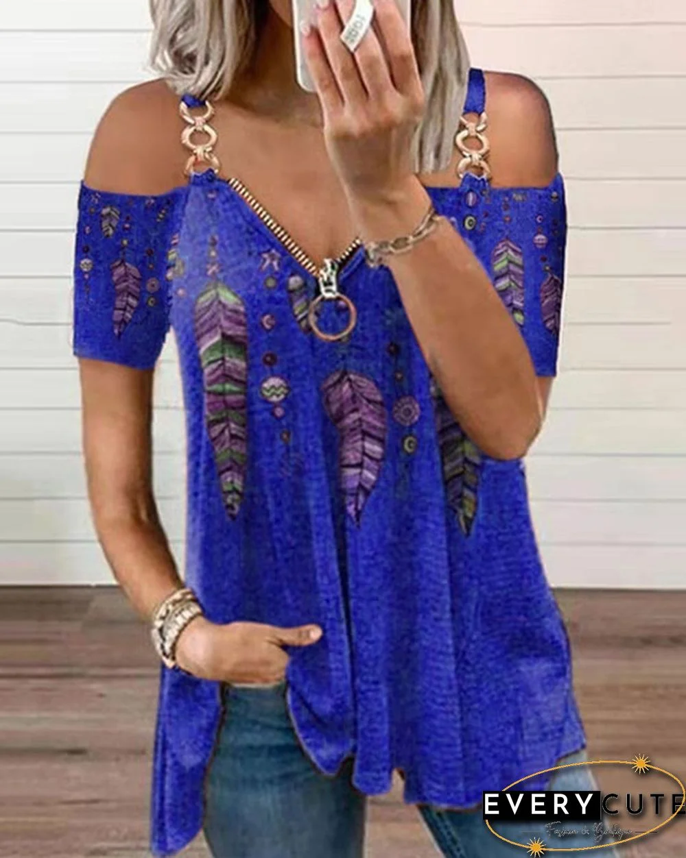 Summer New Fashion Women's Feather Printed Metal Strap Zipper V-neck Casual Strapless Short Sleeve Top Loose Plus Size Soft and Comfortable Summer T Shirt Shirt XS-5XL