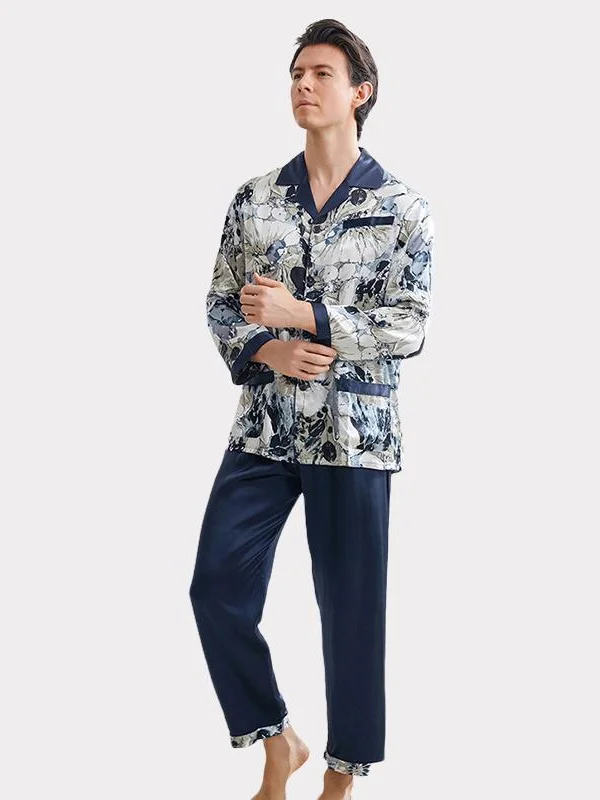 19 MOMME Pyjama en soie bleu imprimé homme-Soie Plus