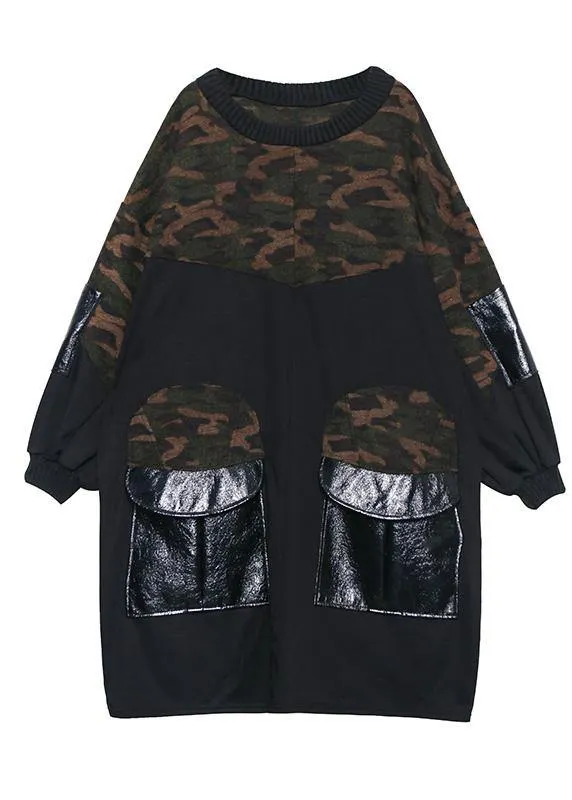 DIY patchwork Cotton big pockets tunics for women Fabrics black o neck Dress