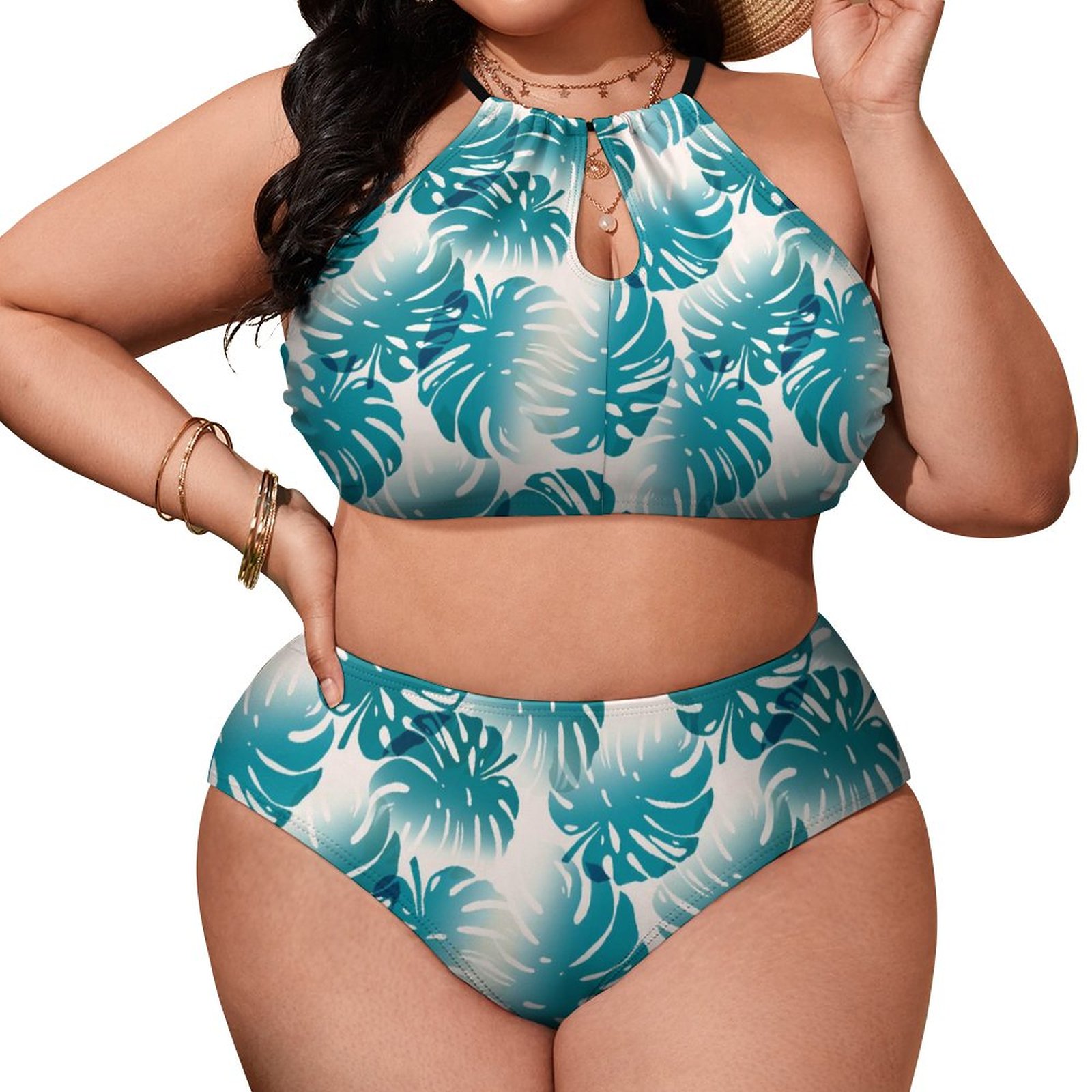 Women's Plants Pattren Summer High Waisted Two-Piece Plus Size Bikini Swimsuits Sets