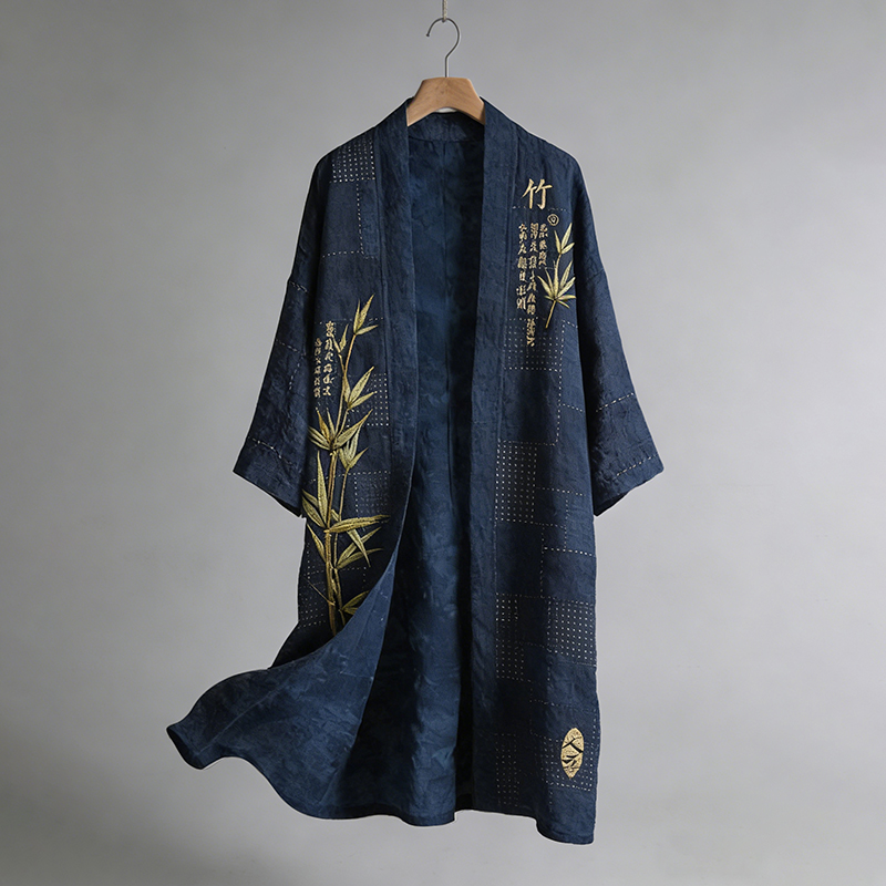 Japanese Vintage Bamboo Art Flowy Linen Long Kimono elevenforest