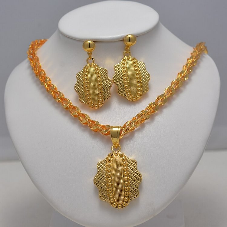 Dubai Jewelry Flower Sets for Women Gold Color Ethiopian Pendant Necklaces Earrings