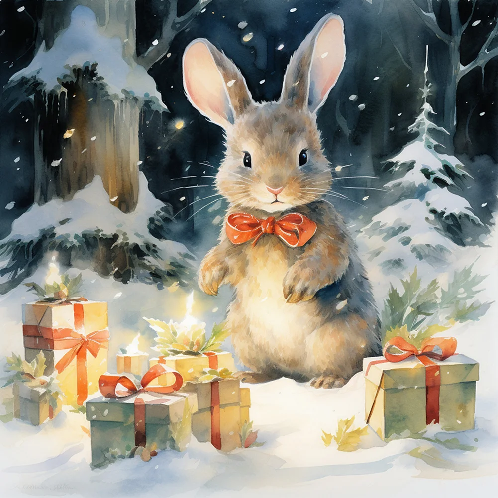 Diamond Painting - Full Round Drill - Winter Gift Bunny(Canvas|30*30cm)
