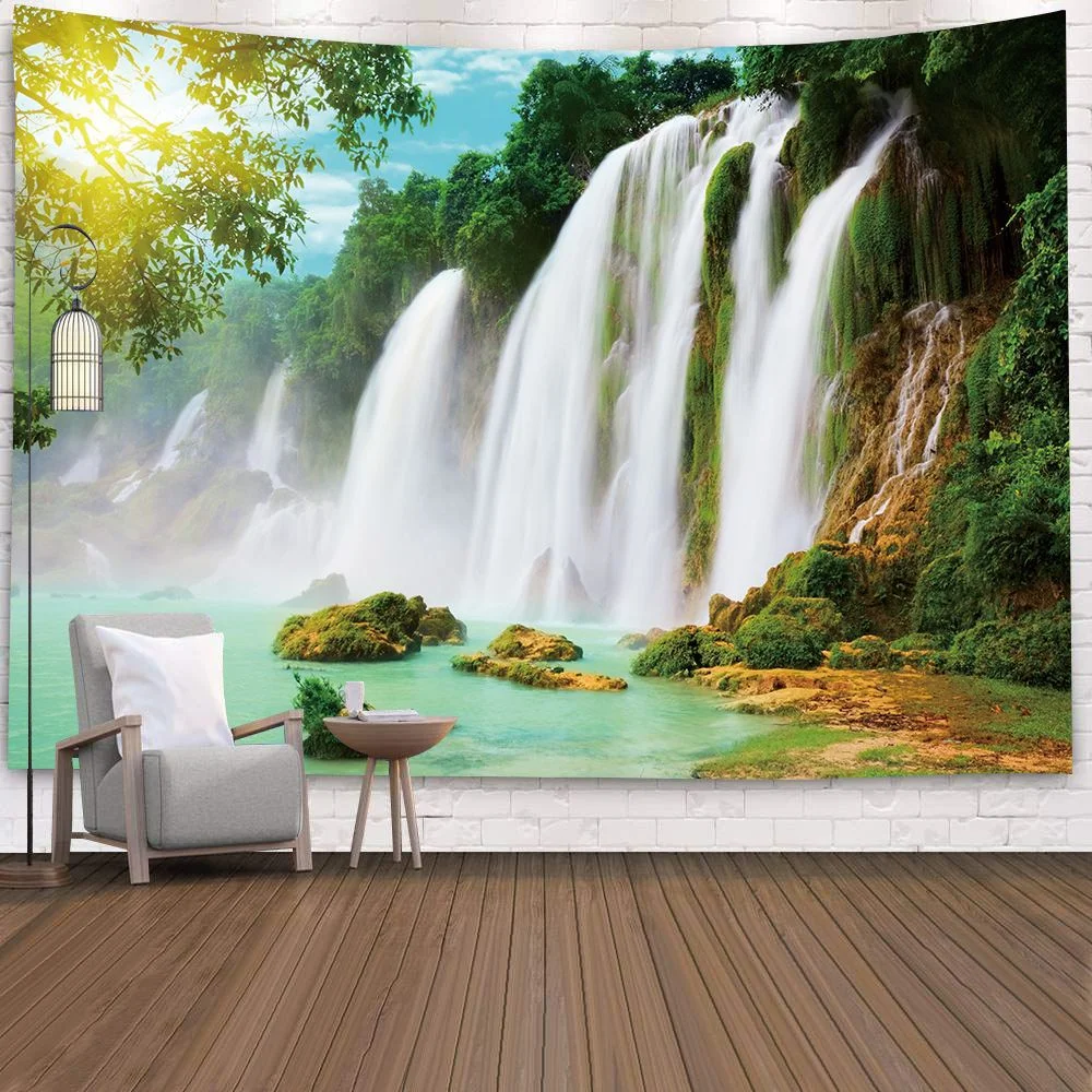 Natural 3D Waterfall Tapestry Beach Towel Landscape Primeval Forest Stream Printing Wall Carpet Yoga Mat Home Art Tapestry Decor