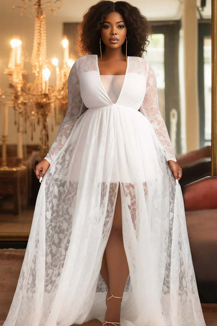Xpluswear Design Plus Size Wedding White V Neck Long Sleeve See Through Lace Maxi Dresses [Pre-Order]