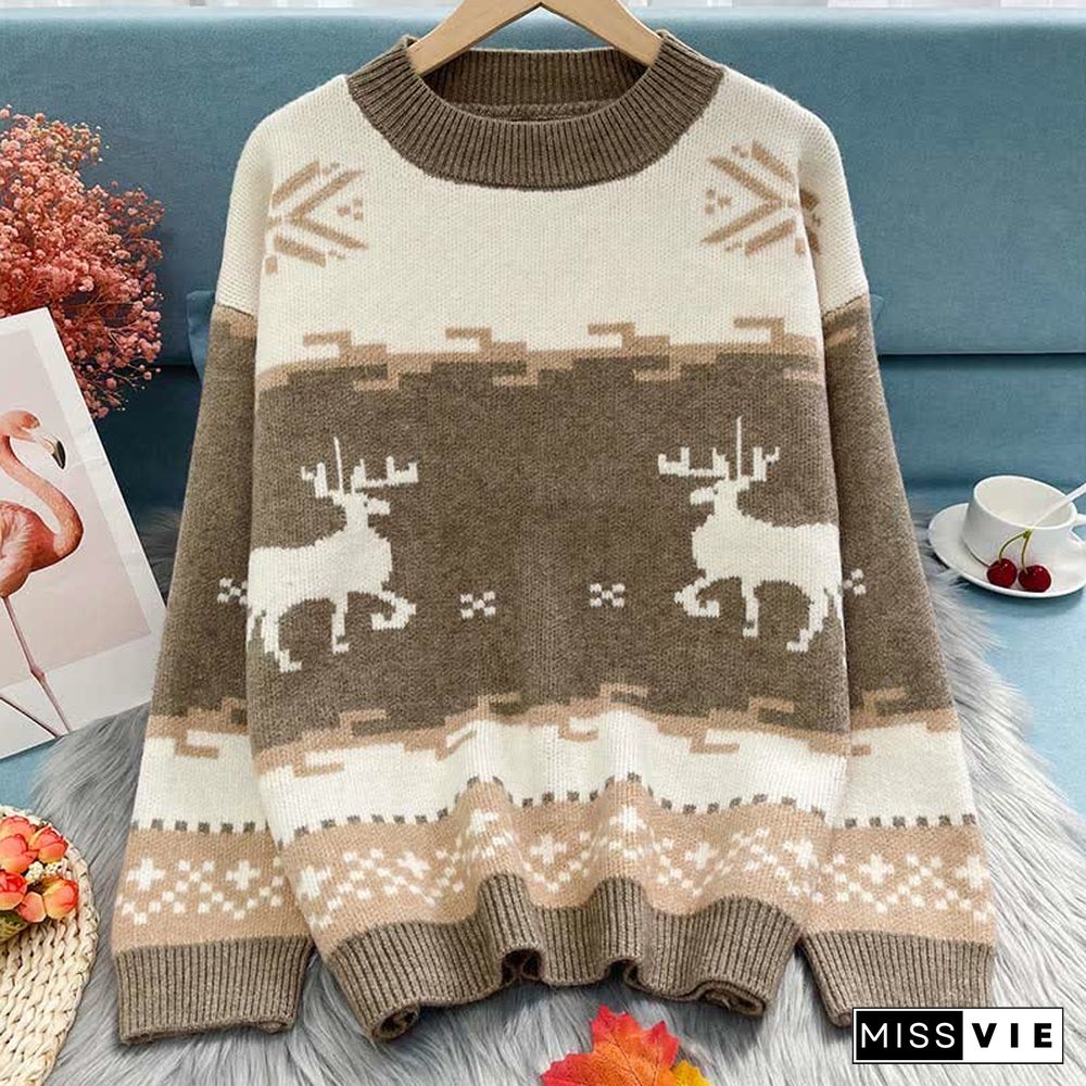 Christmas Reindeer Pattern Colorblock Round Collar Sweater
