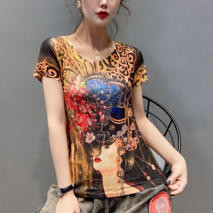 Cotton-Blend Printed Short Sleeve Shirts & Tops