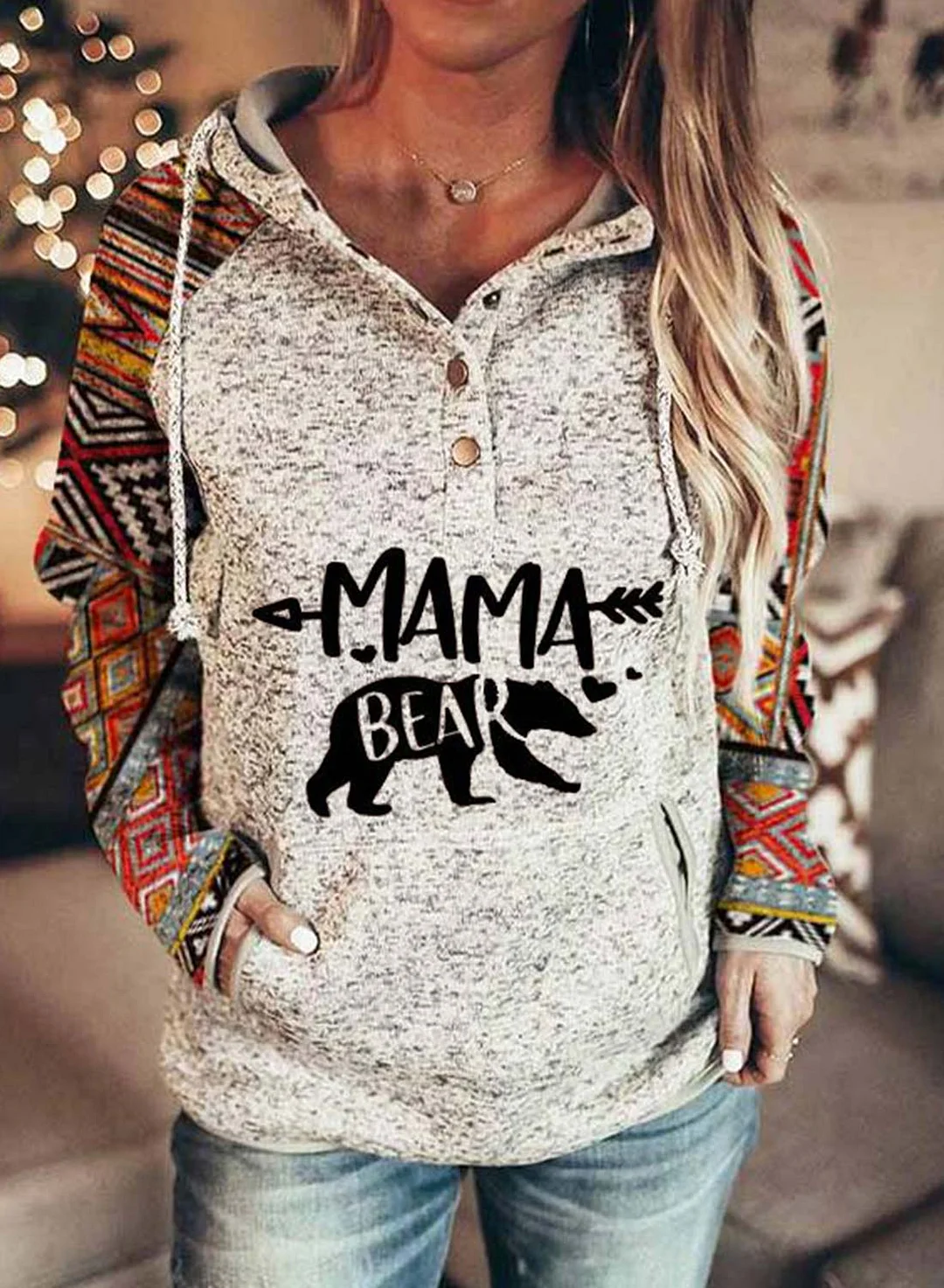 Mama Bear Quarter Button Tribe Long Sleeve Tops Cute Women's Color Block Pocketed Hoodies-PastoralHome-Allyzone