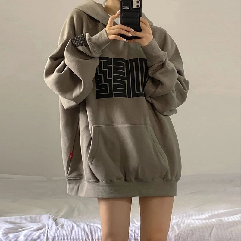 Uveng Uveng Plus Fleece Female 2024 Autumn Winter New Korean Version Student Print Hoodie Loose Coat Jacket Female Tide