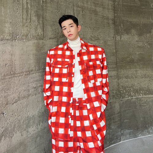 Dawfashion-Personality Wide Shoulder Red and White Plaid Suit-Yamamoto Diablo Clothing