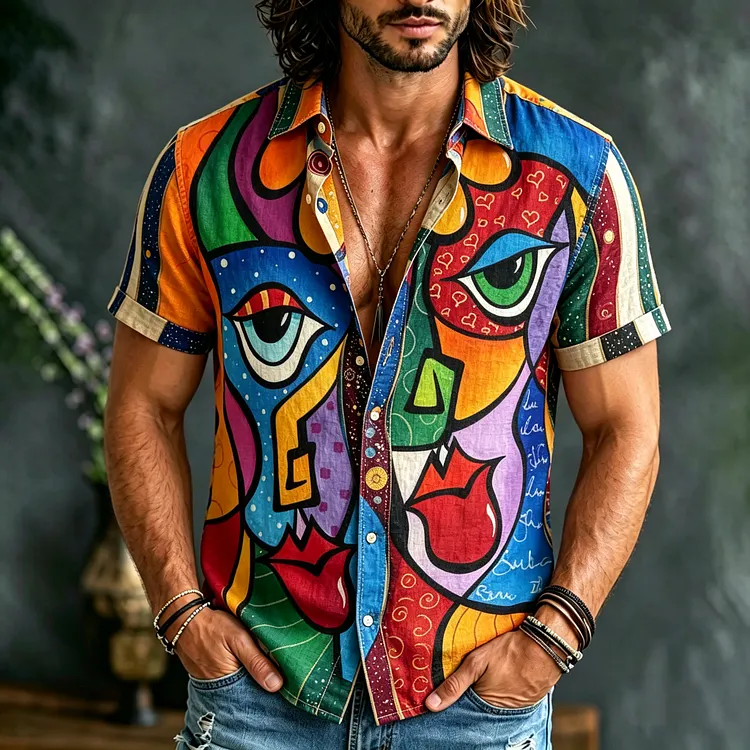 Men's Color-blocked Retro Hippie Pop Art Design Linen Short-sleeved Shirt