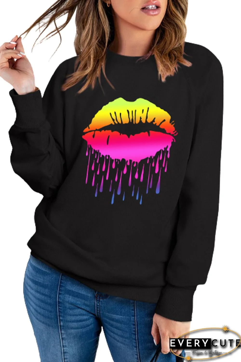 Gradient Color Lip Print Long Sleeve Sweatshirt