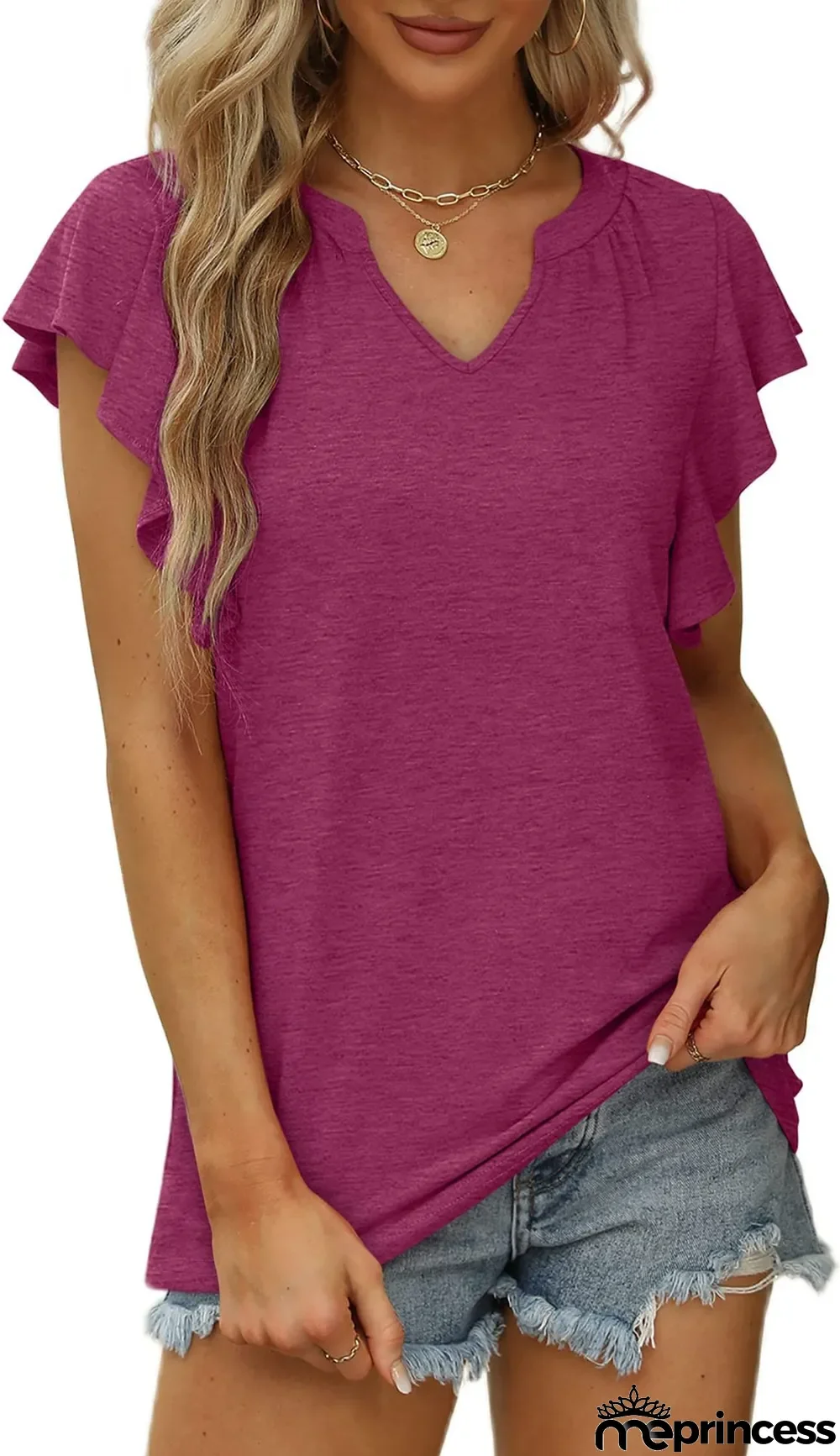 Summer Sexy V-Neck Ruffled Solid Color Short-Sleeved T-Shirt