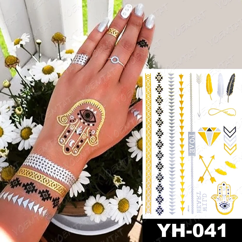 Waterproof Temporary Tattoo Sticker Gold Silver Henna Indian Hand Painted Glitter Tattoos Women Mandala Flower Feather Body Art