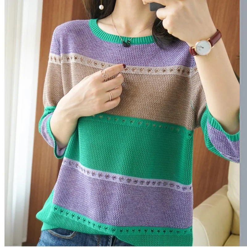 Summer Women knitted Short sleeve  Thin Sweater Female Hollow Out Turtleneck Pullover Ladies knit Cotton Loose Jumpers