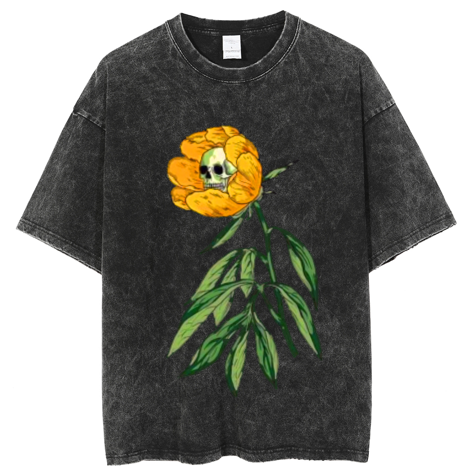 Eagerlys Skull In Flower Unisex Oversized Print Vintage Wash Denim T-Shirt Eagerlys