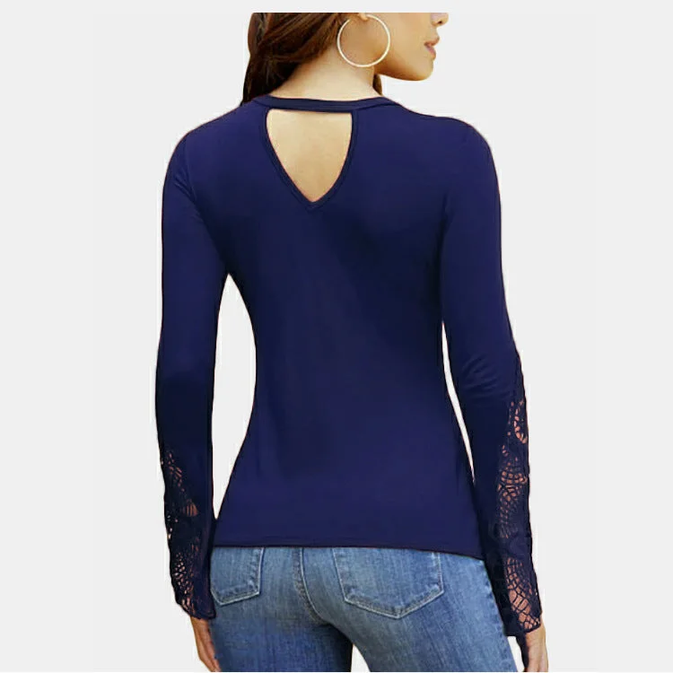 Women's V Neck Long Sleeve Lace Sleeve T-Shirt